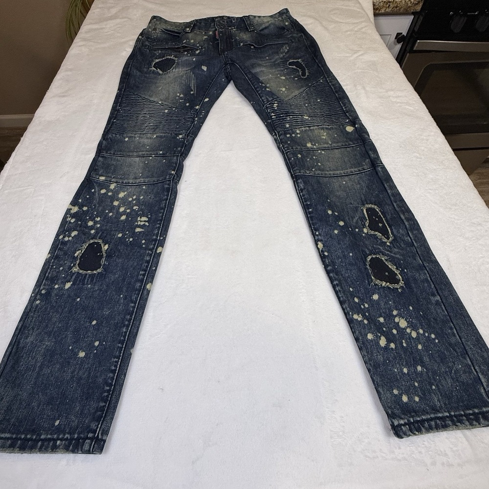 Square Zero Jeans Mens 34x32 Moto Biker Distressed Paint Splatter Y2K Denim